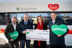 Zugtaufe des ICE 4 „Steiermark“ am Grazer Hauptbahnhof: Michael Feiertag (Steiermark Tourismus), LH Mario Kunasek, ÖBB-Personenverkehrs- vorständin Sabine Stock und Thomas Kemper (Deutsche Bahn) (v.l.) © Land Steiermark/Robert Binder; Verwendung bei Quellenangabe honorarfrei