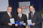 ORF-Landesdirektor Gerhard Draxler, Alpen-Donau-Adria-Sendungschef Dr. Günther Ziesel und der steirische Landeshauptmann Mag. Franz Voves bei der Präsentation der Jubiläumssendung „25 Jahre Alpen Donau Adria“ im ORF Landesstudio Steiermark. Foto: ORF Landesstudio Steiermark