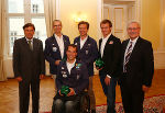 Landeshauptmann Franz Voves, Edmund Rath, Thomas Mossier, Pepo Puch, Christian Scherübl und Franz Majcen (v. l.) beim Empfang im Weißen Saal © Foto: Frankl; bei Quellenangabe honorarfrei