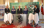 LH-Stv. Hermann Schützenhöfer, Bgm. Rainer Angerer, Präsident Helmut Lexer, OK-Chef Alois Stadlober und LH Franz Voves bei der Programmpräsentation des FIS Weltcups (v.l.). © Foto: steiermark.at/Promitzer, bei Quellenangabe honorarfrei