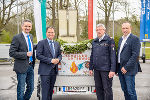 Zivilschutzverbands-Präsident Martin Weber, LH-Stv. Michael Schickhofer, Landesfeuerwehrkommandant Reinhard Leichtfried und Zivilschutzverbands-Vizepräsident Armin Forstner (v.l.) beim Festakt in Lebring. © Bild: Land Steiermark/Stolz; Verwendung bei Quellenangabe honorarfrei