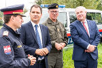 Landespolizeidirektor Gerold Ortner, LH-Stv. Michael Schickhofer, Militärkommandant Heinz Zöllner und LH Hermann Schützenhöfer (v.l.) bei der "Intsec19". © steiermark.at/Streibl; Verwendung bei Quellenangabe honorarfrei