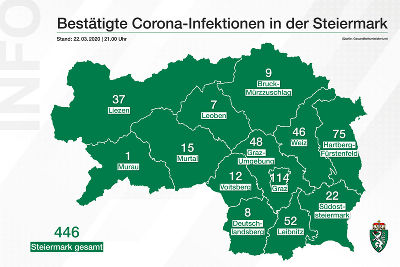 Bestätigte Corona-Infizierte in den steirischen Bezirken; Stand: 22. März 2020, 21:00 Uhr