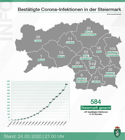Bestätigte Corona-Infizierte in den steirischen Bezirken; Stand: 24. März 2020, 21:00 Uhr