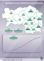 Positive Corona-Tests in den steirischen Bezirken; Stand: 8. April 2020, 21 Uhr