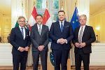 Finanzminister Magnus Brunner (Österreich), Finanzminister Klemen Boštjančič (Slowenien), Finanzminister Marko Primorac (Kroatien) und Landeshauptmann Christopher Drexler (v.l.) im Weißen Saal der Grazer Burg © Land Steiermark/Benjamin Gasser; Verwendung bei Quellenangabe honorarfrei